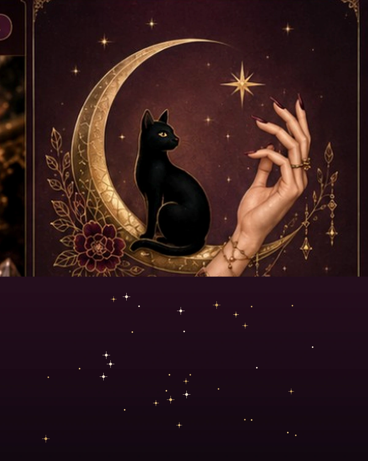 Illustrazione con luna dorata, gatto nero, mano elegante, stelle e fiori
